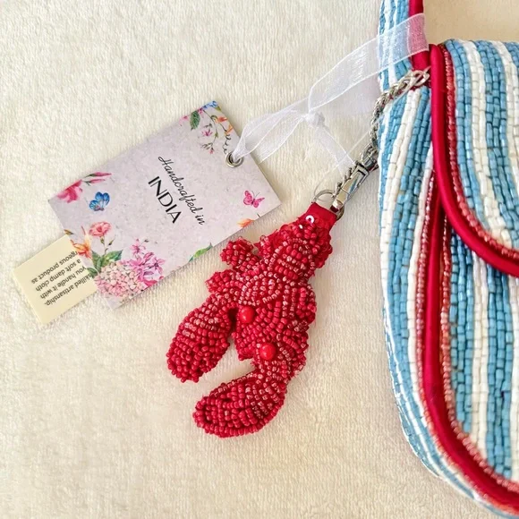 Viral Beaded Light Blue & White Striped Lobster Bag w/ Beaded Lobster Bag Charm - Picture 14 of 15